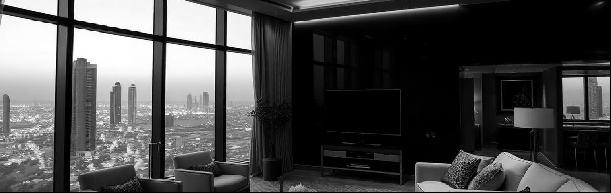 A modern living room with floor-to-ceiling windows over a city skyline at dusk.