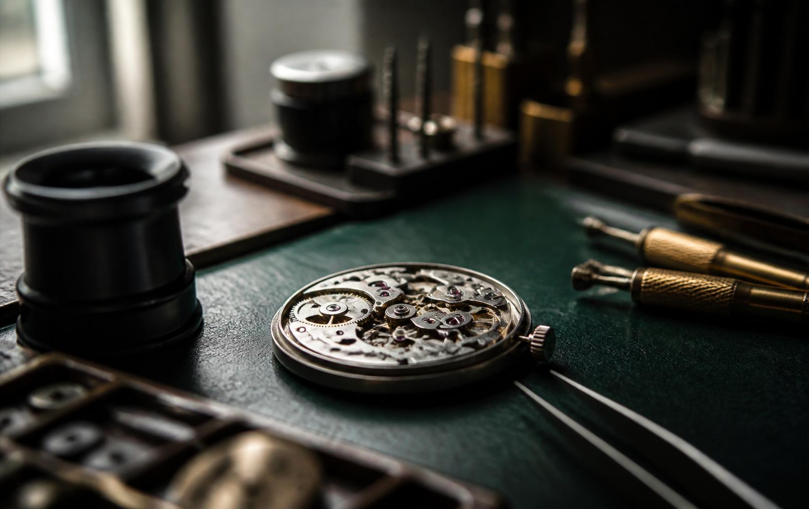 Watch movement on a dark green watchmaker's bench.