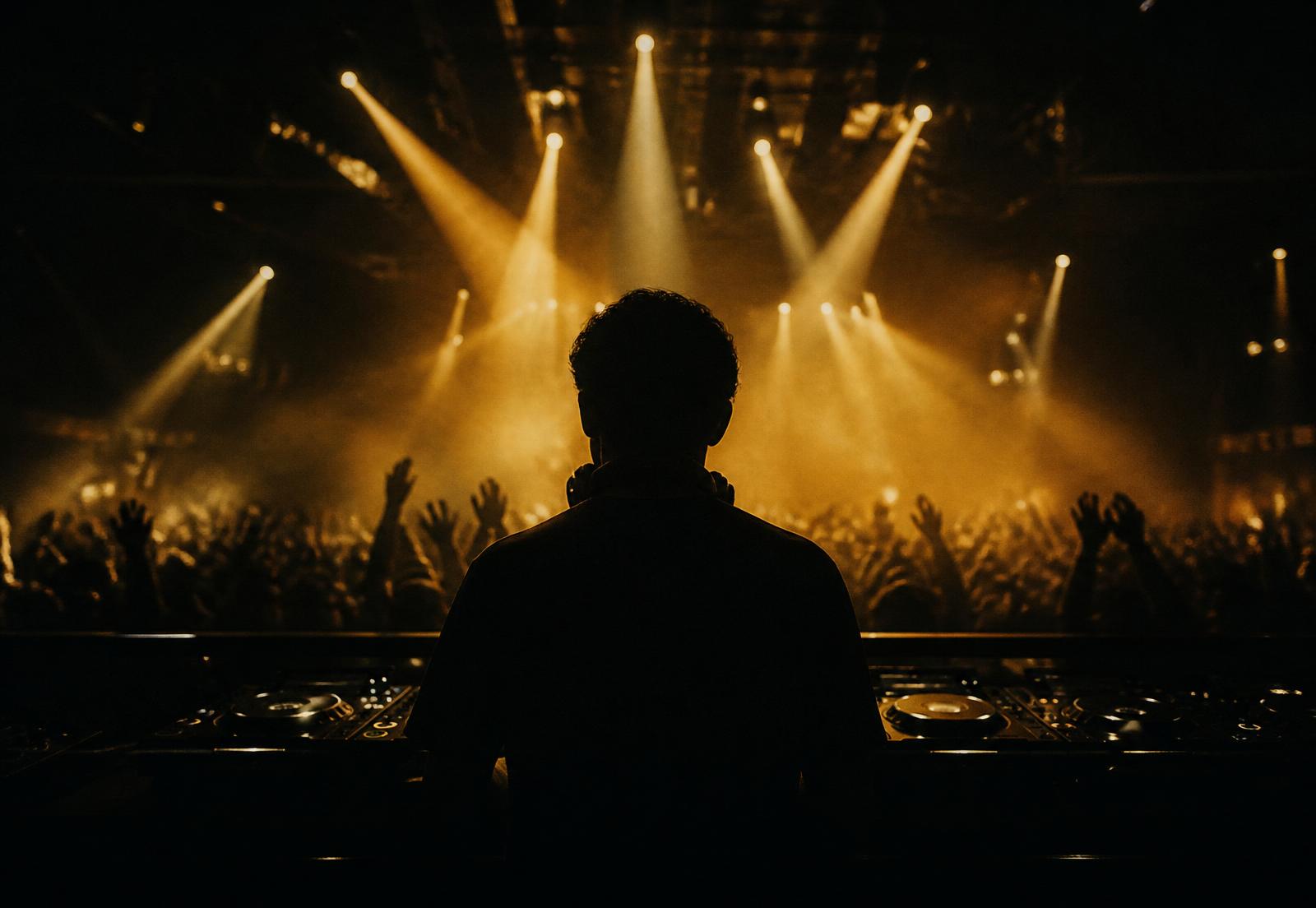 A DJ silhouette in front of a crowd at a nightclub.