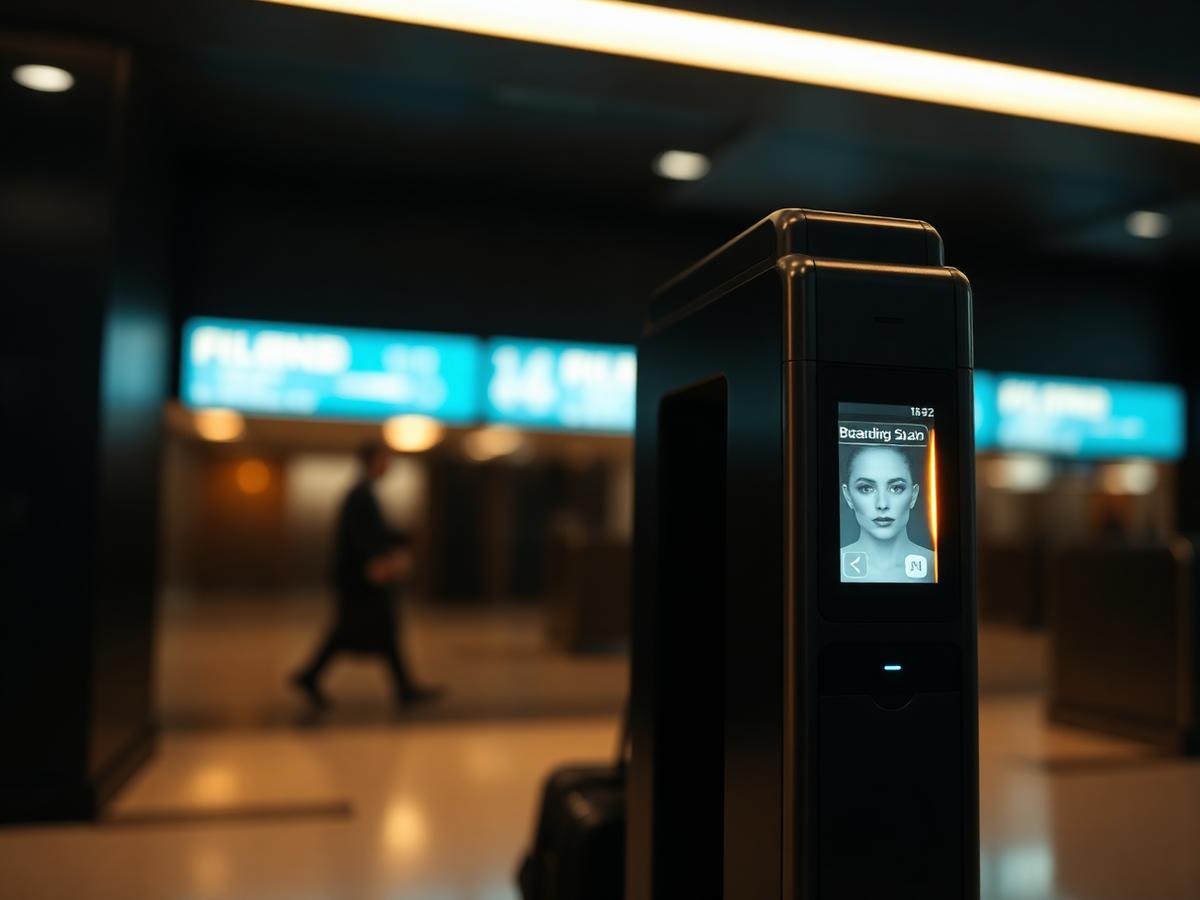 Biometric boarding kiosk showing a passenger's face on screen.