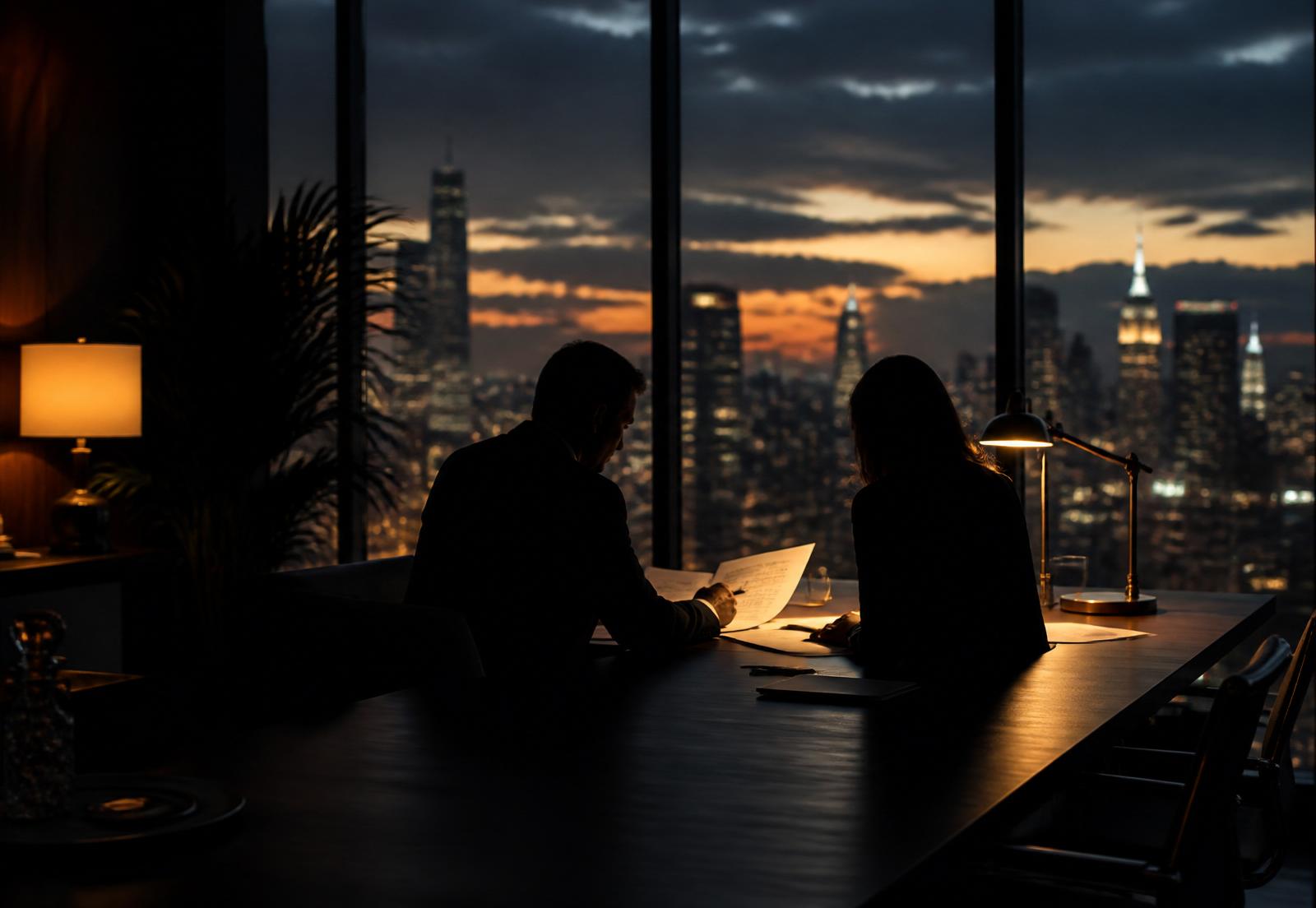 Two people working at a desk in front of a city skyline at night.